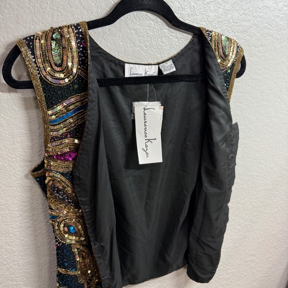 Lawrence Kazars Womens S Beaded Silk Vest Black Gold Paisley Boho Eclectic Artsy - Picture 8 of 11